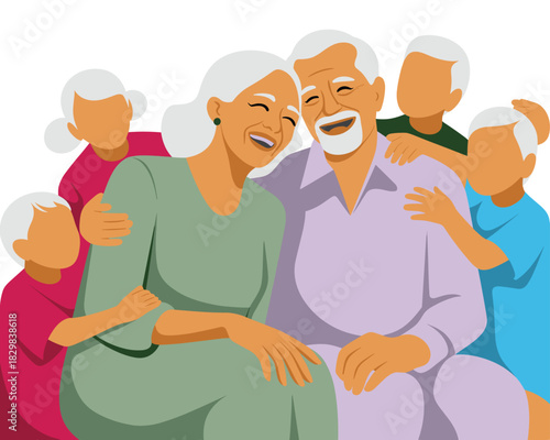 Joyful smiling senior grandparents warmly embracing their four happy young grandchildren, showing a loving intergenerational family bond, connection, support, and secure future, flat vector illustrati