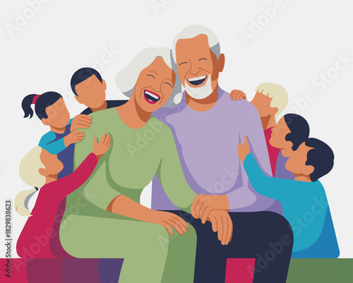 Joyful elderly senior grandparents embracing and laughing loudly with their large group of diverse grandchildren, symbolizing strong intergenerational family connection, love, support, and secure heal