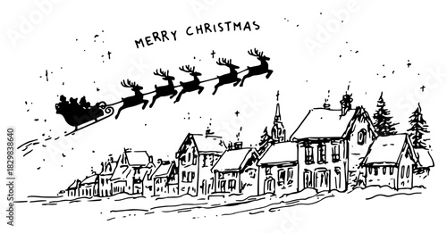 Santa Sleigh Flying Over Snowy Village Merry Christmas Hand Drawn Vintage Line Art Vector Illustration