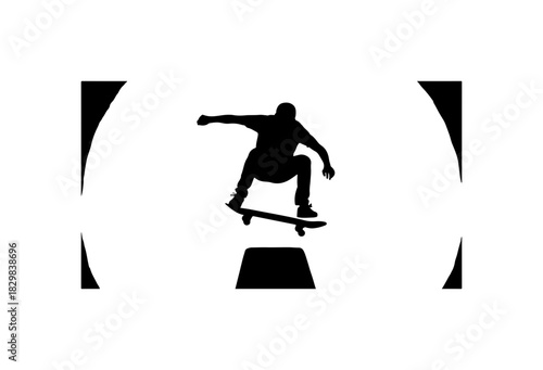 Dynamic skateboarder silhouette in mid-air performing trick for extreme urban sports