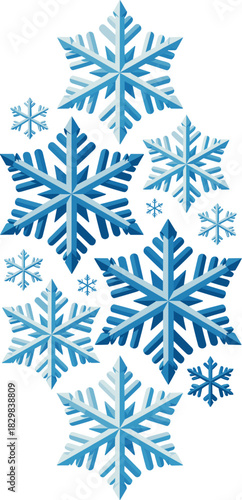 Beautiful vertical seamless winter pattern of abstract geometric blue and white snowflakes digitally rendered in a modern 3D crystalline style, ideal for seasonal cold weather graphic design, Christma