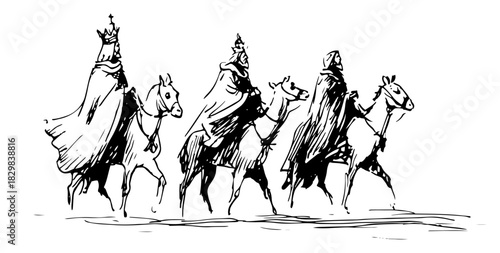 Three Wise Men Magi Riding Camels Following Star Christmas Nativity Scene Hand Drawn Vintage Line Art Vector Illustration