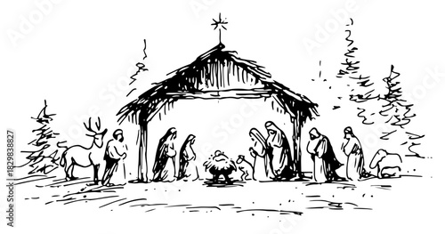 Hand Drawn Nativity Scene in Rustic Stable with Holy Family Shepherds and Animals Winter Line Art Vector