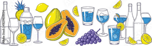 Vibrant hand-drawn vector illustration of various cocktails, wine glasses, and exotic fruits.