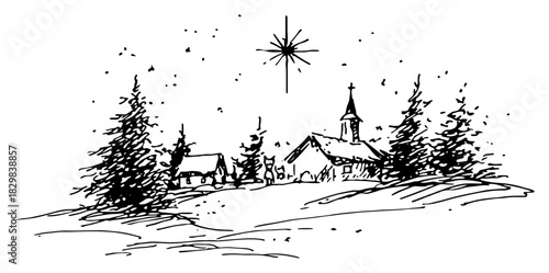 Hand Drawn Snowy Winter Village Landscape with Church Under Bethlehem Star Line Art Vector