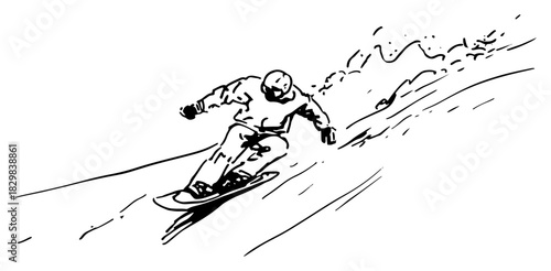 Hand Drawn Snowboarder Carving Down Fast Snowy Mountain Slope Winter Sports Line Art Vector