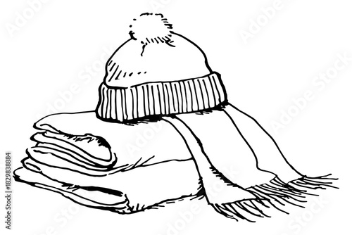 Hand Drawn Woolen Hat and Folded Scarf Winter Accessories — Black and White Vector Illustration