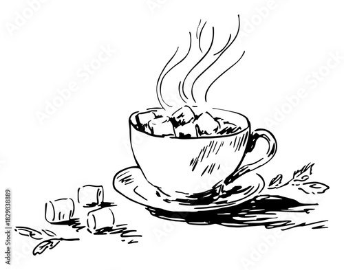 Hand Drawn Cup of Hot Cocoa with Marshmallows and Steam — Black and White Vector Illustration