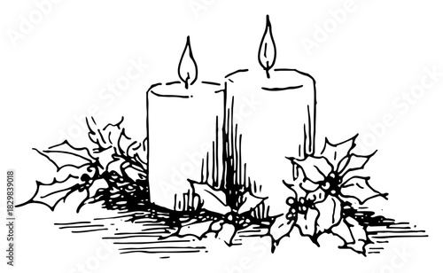 Hand Drawn Christmas Candles with Holly and Berries Winter Line Art Vector