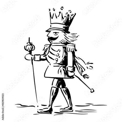 Hand Drawn Nutcracker Soldier King Walking Christmas Toy Line Art Vector