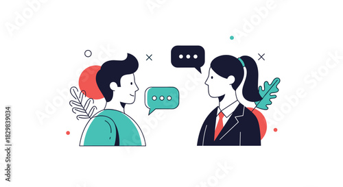 A modern flat design illustration of a man and a woman engaged in a friendly conversation with speech bubbles overhead.