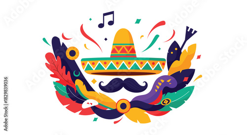 A vibrant and festive illustration celebrating a Mexican fiesta with a sombrero mustache and colorful abstract shapes.