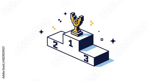 A pixel art illustration of a golden trophy on a winner's podium in a cool isometric 3D perspective on white.