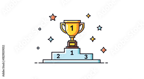 Pixel art illustration of a golden trophy for first place on a winners podium surrounded by colorful stars and confetti.