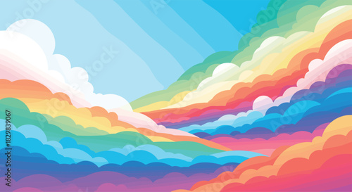 Vibrant and colorful pixel art landscape depicting a beautiful sky filled with rolling rainbow-colored clouds and light.