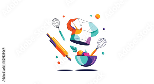 Colorful abstract illustration of essential baking and cooking tools floating mid-air against a clean white background.