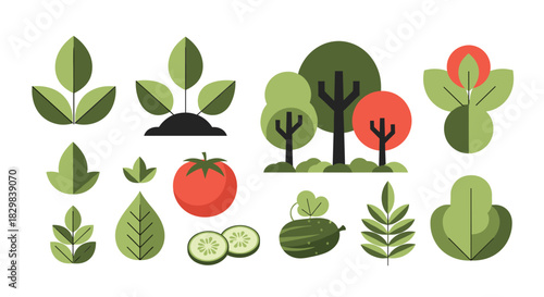 A collection of flat design stylized icons representing various plants vegetables and trees on a clean white background.