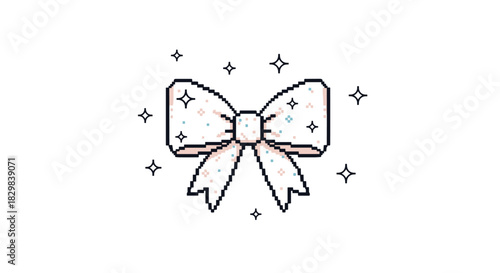 Adorable pixel art illustration of a shimmering white ribbon bow surrounded by twinkling stars on an isolated white background.