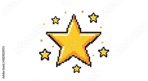 Bright yellow five-pointed star in a retro pixel art style surrounded by smaller twinkling stars against a clean white backdrop.