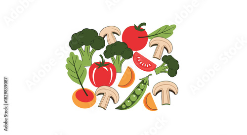 A vibrant and healthy arrangement of fresh cartoon vegetables including broccoli tomatoes and mushrooms on a white background.
