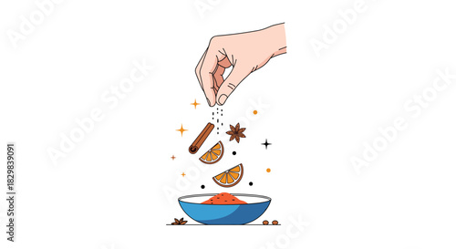 Illustrated hand sprinkling a mix of aromatic spices including cinnamon and star anise into a bowl on a white background.