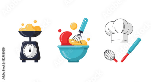 A simple set of three colorful flat design icons for baking including a kitchen scale a mixing bowl and a chef's hat.