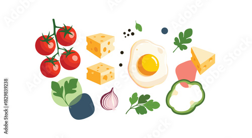 A fresh and healthy collection of breakfast ingredients including fried egg tomatoes cheese and herbs in a flat design.