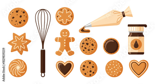 A delicious collection of assorted gingerbread and chocolate chip cookies with baking tools like a whisk and piping bag.