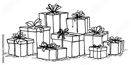 Hand Drawn Pile of Wrapped Christmas Gifts with Bows — Black and White Vector Illustration
