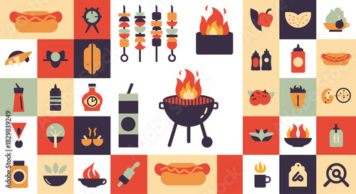 A large mosaic of colorful flat design icons related to barbecue grilling and outdoor picnics on a checkered background.