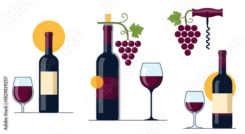 A stylish collection of red wine illustrations including bottles glasses grapes and a corkscrew in a modern flat design.