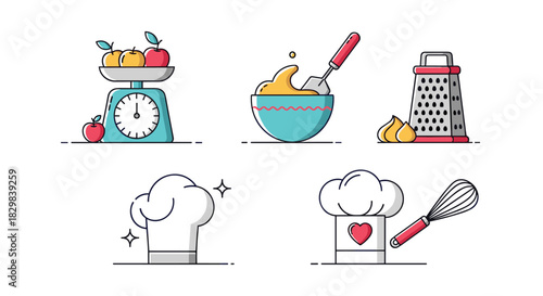 A set of five cute line art icons representing cooking and baking equipment such as a scale mixer and chef's hat.