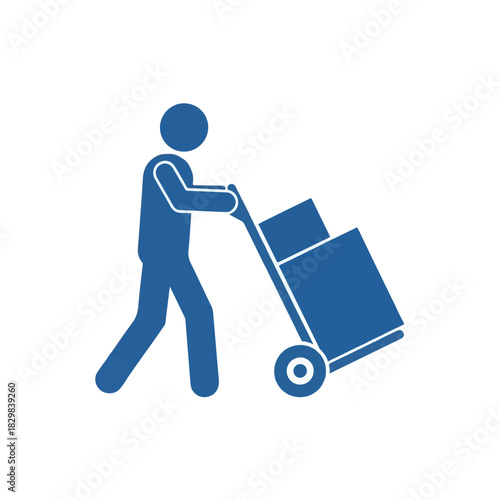 Stick Figure Moving Boxes on Dolly Illustration in Royal Blue Hue
