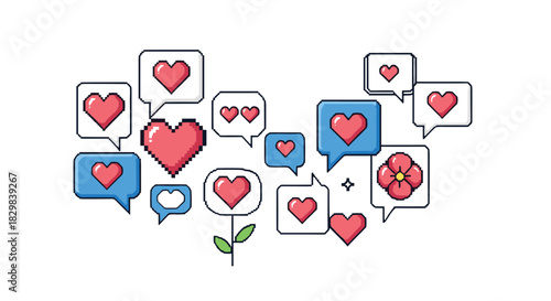 A cute composition of various speech bubbles containing pixel art hearts and a flower illustrating love and communication.