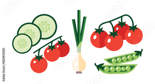 A simple flat design collection of fresh garden vegetables including tomatoes cucumbers peas and onions on a white background.