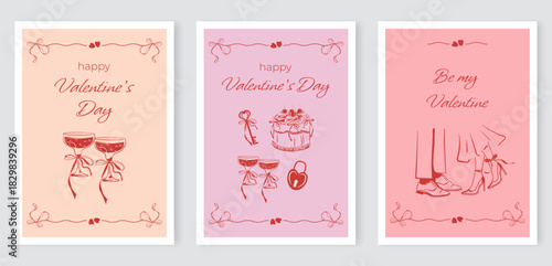 A set of cards for Valentine's Day with bows, hearts, a couple in love, champagne, sweets. Templates for festive covers, posters, banners, and invitations. A hand-drawn vector illustration.Copy space
