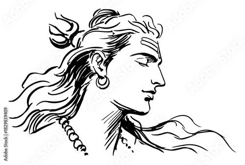 Hand Drawn Lord Shiva Profile with Flowing Hair Hindu Deity Line Art Vector