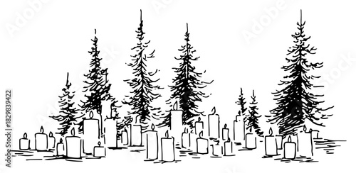Hand Drawn Pine Forest with Numerous Candles in Snowy Clearing — Black and White Vector Illustration
