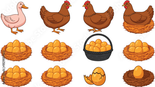 Farm Animals and Eggs Vector Collection Featuring Brown Hens, Pink Duck, Golden Eggs in Nests, and Basket, Representing Poultry Farming and Organic Food.