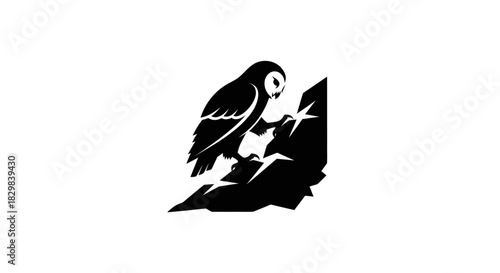 Stylized Silhouette of an Owl Perched on a Rock Formation.