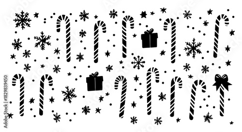 Hand Drawn Seamless Holiday Pattern with Candy Canes Snowflakes and Gifts — Black and White Vector Illustration