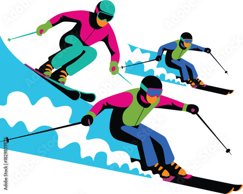 Dynamic group of three alpine skiers racing down a steep mountain slope, showcasing high-speed downhill action in a vibrant, modern graphic design illustration. This colorful vector art features neon