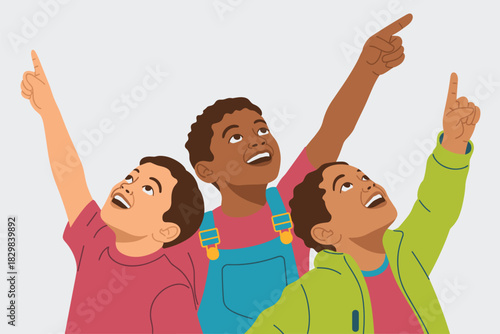 Enthusiastic trio of diverse kids looking up and pointing, symbolizing exploration, future potential, and shared discovery; an educational and joyful graphic concept perfect for marketing, advertising