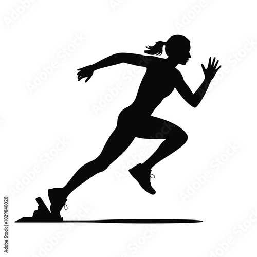 A black silhouette illustration of a female sprinter in mid-run against a white background.