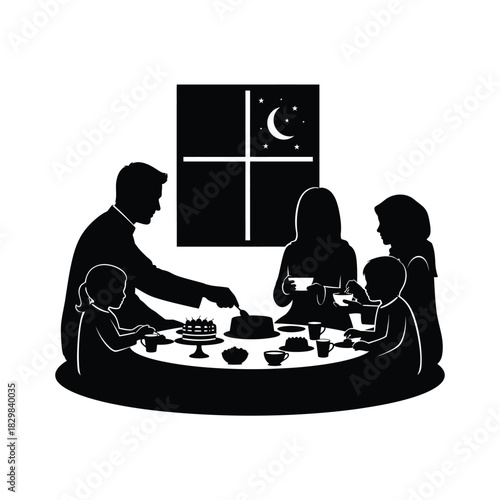Family dinner silhouette at night
