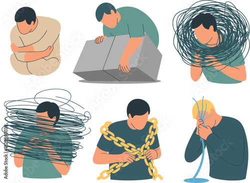 Modern vector illustration depicting various psychological struggles including depression, anxiety, heavy emotional burden, confusion, stress, burnout, and feeling trapped by restrictive chains, great