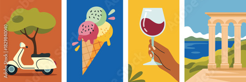 Vibrant flat design collage artwork showcasing quintessential Italian summer vacation and Mediterranean leisure essentials, featuring a classic retro scooter, melting triple scoop ice cream cone, a ha