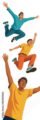 Energetic young men soaring and leaping high in a dynamic sequence, expressing exuberant joy and absolute freedom, celebrating success and future aspirations, modern graphic vector illustration showin
