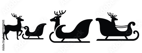 reindeer sleigh silhouette vector icon set