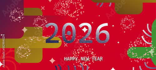 2026 Happy New Year greeting card template with luxury golden numbers. Realistic confetti and warm congratulationsgraffiti on wall